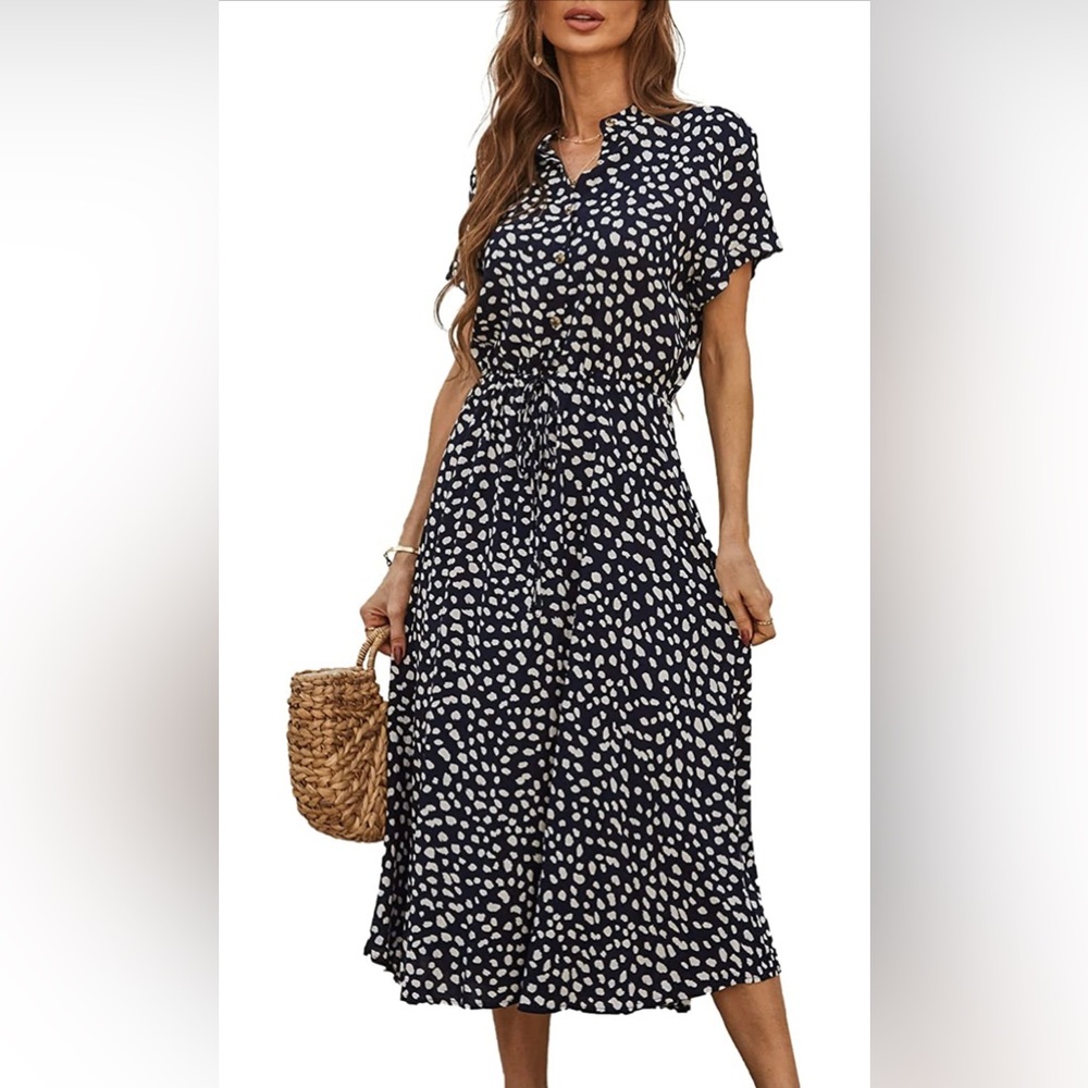 Women's Summer Polka Dot Shirt Dress Vintage Short Sleeve Button Down Midi Dress